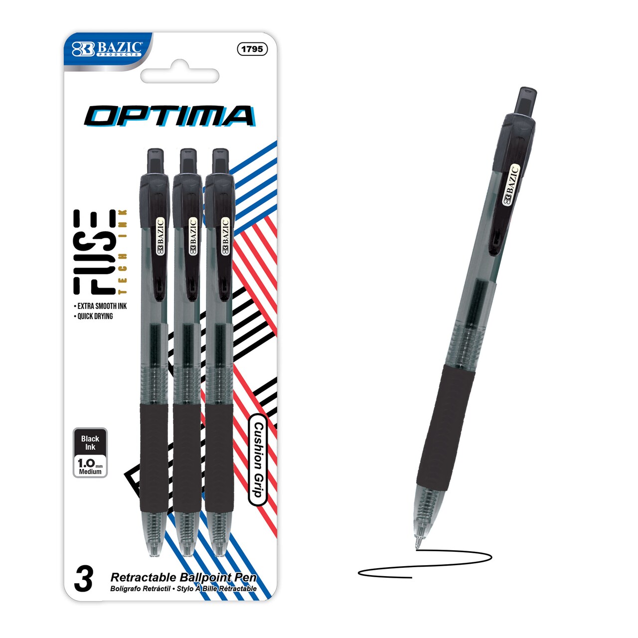 BAZIC Optima Black Oil-Gel Ink Retractable Pen w/ Grip (3/Pack)